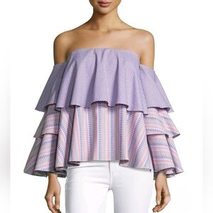 Caroline Constas Carmen Off The Shoulder Blouse Top Tiered Corset Blue Pink  S